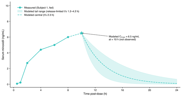 Fed-state MINX serum minoxidil concentration over time with measured values and modeled tail range.