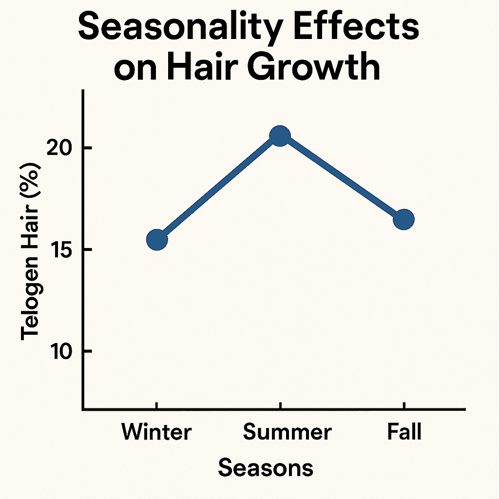 Clean infographic chart illustrating higher telogen hair percentage in summer and fall with lowest shedding in winter. Visualizes the seasonality of hair growth cycles.
