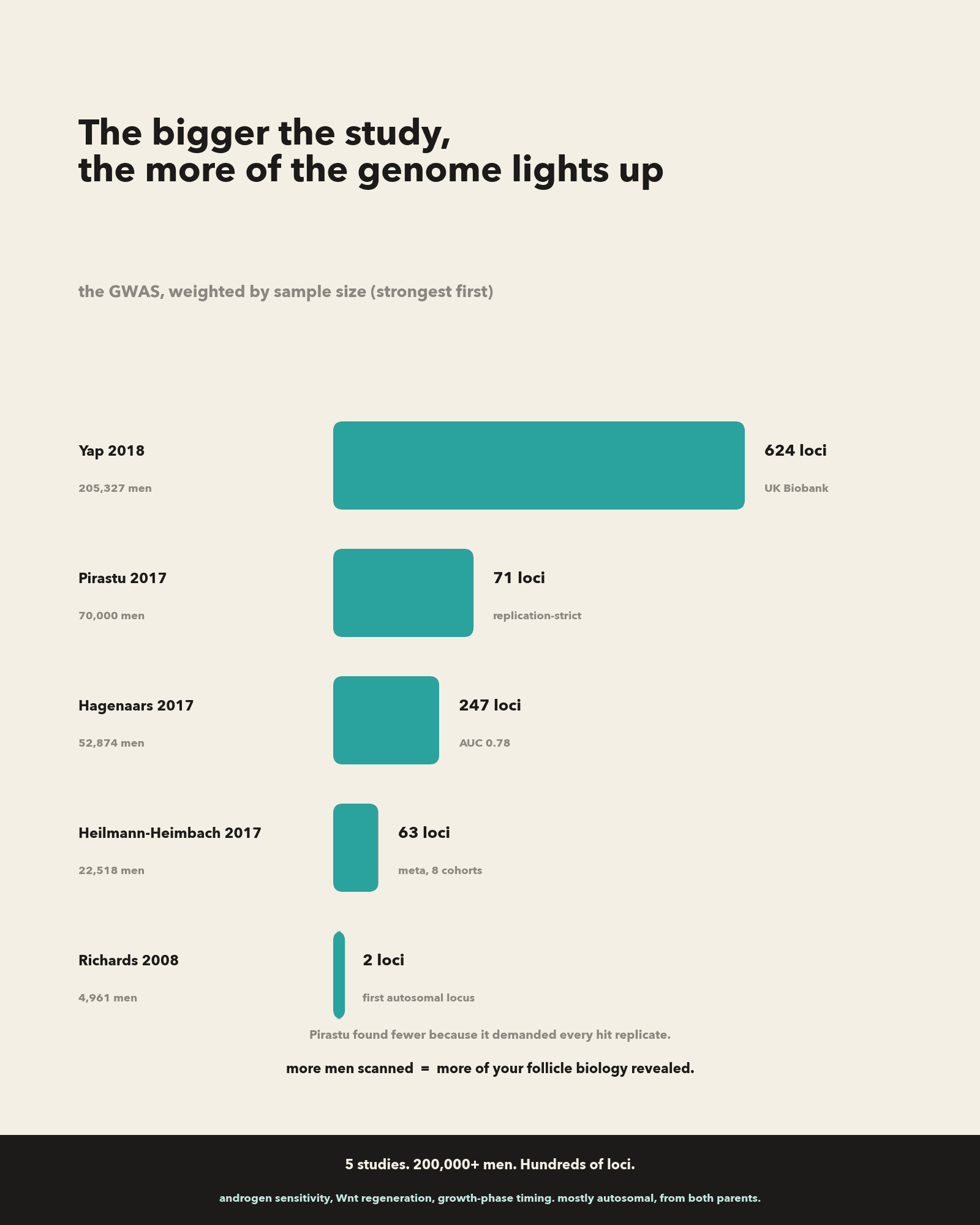 The five major male pattern baldness GWAS ranked by sample size, showing how the larger studies found more genetic loci