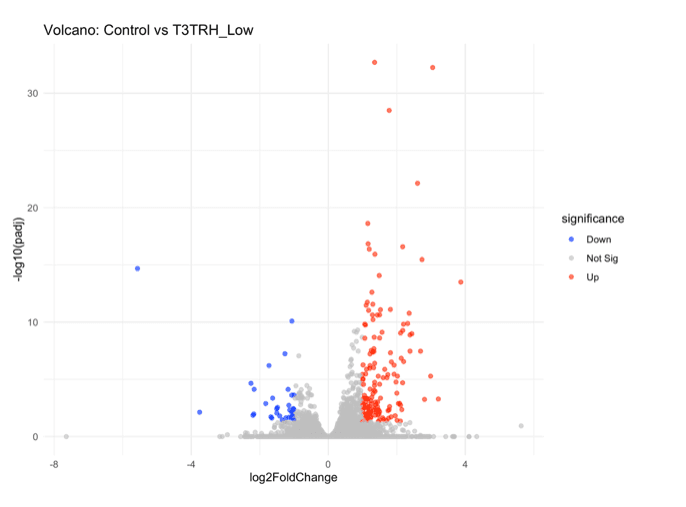 Volcano plot, control versus T3TRH_Low, plotting log2 fold change on the x-axis against negative log10 adjusted p-value on the y-axis. Significantly up-regulated genes (red) outnumber down-regulated genes (blue), skewing toward upregulation; 532 genes are significantly changed.